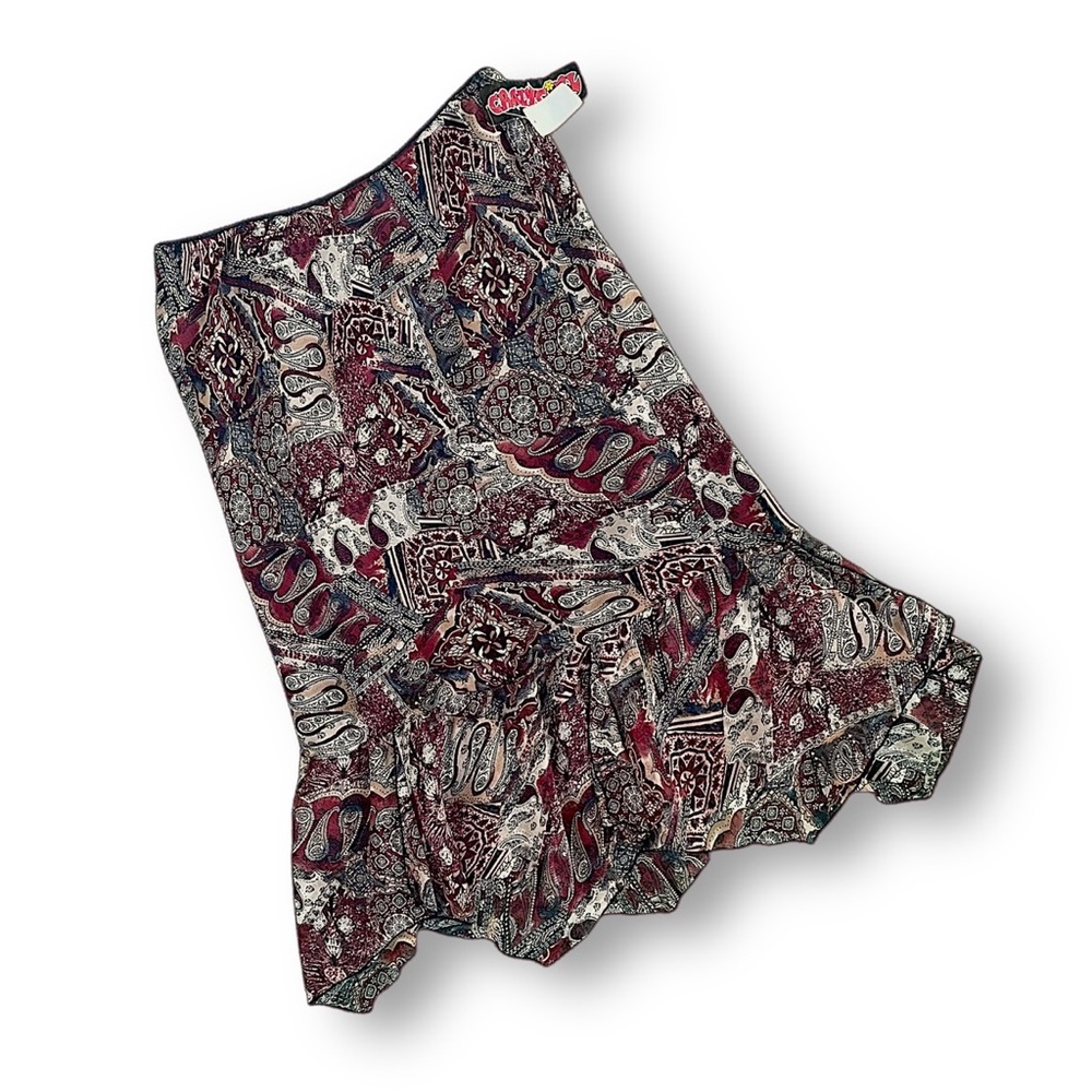 Vintage NWT Printed Ruffled Mini Skirt - Burgundy Multi